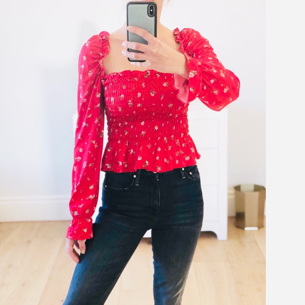 Long Sleeve Red Floral Print Ruffle Top - Picture 2 of 9